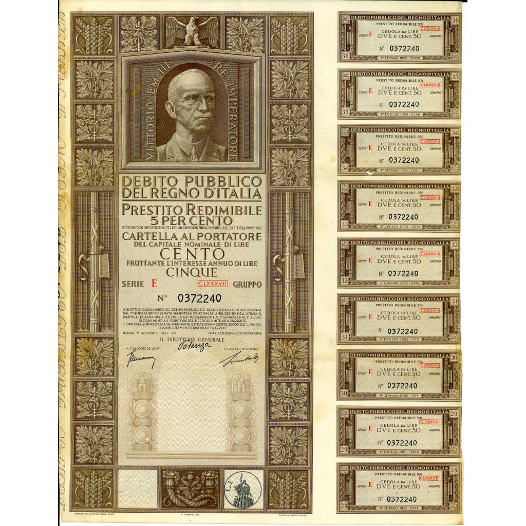 1937 - PRESTITO REDIMIBILE 5% - CARTELLA 100...