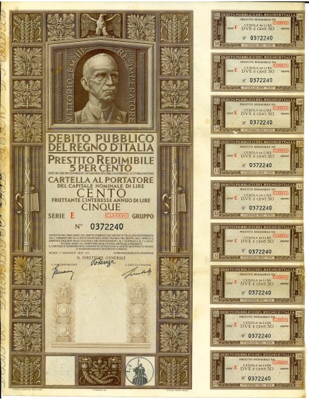 1937 - PRESTITO REDIMIBILE 5% - CARTELLA 100 LIRE SERIE E - ROMA  (Vittorio Emanuele III, marrone)
