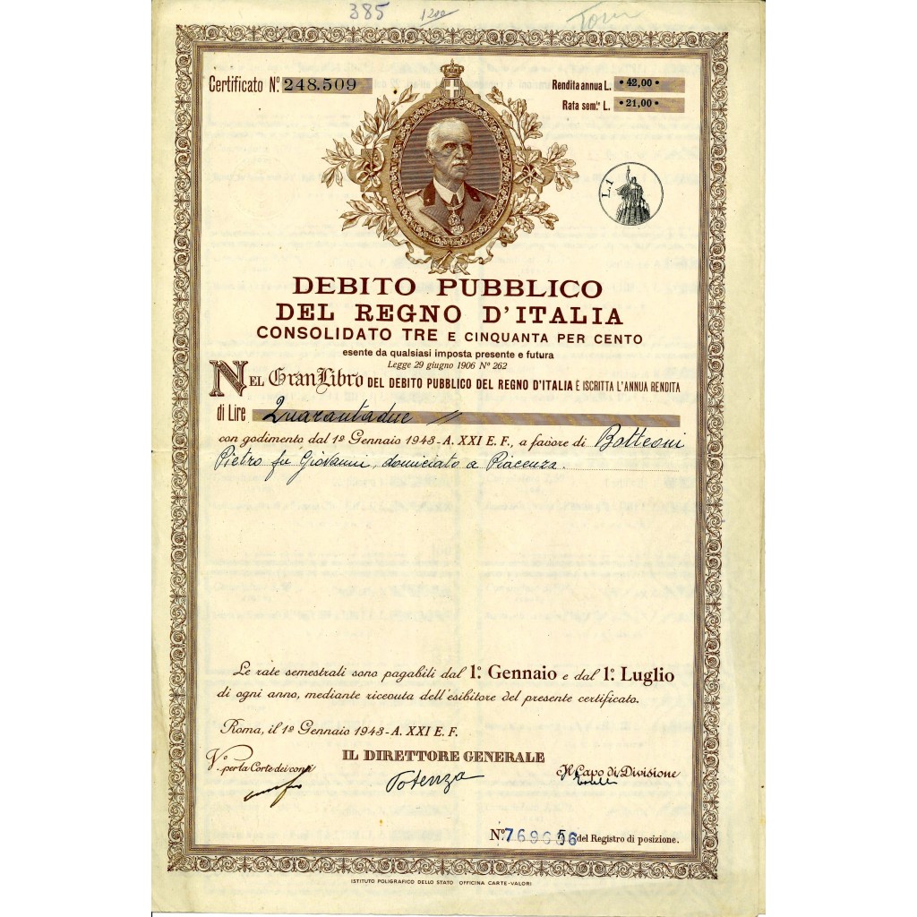 1943 -  CONSOLIDATO 3,5% DEBITO PUBBLICO REGNO...