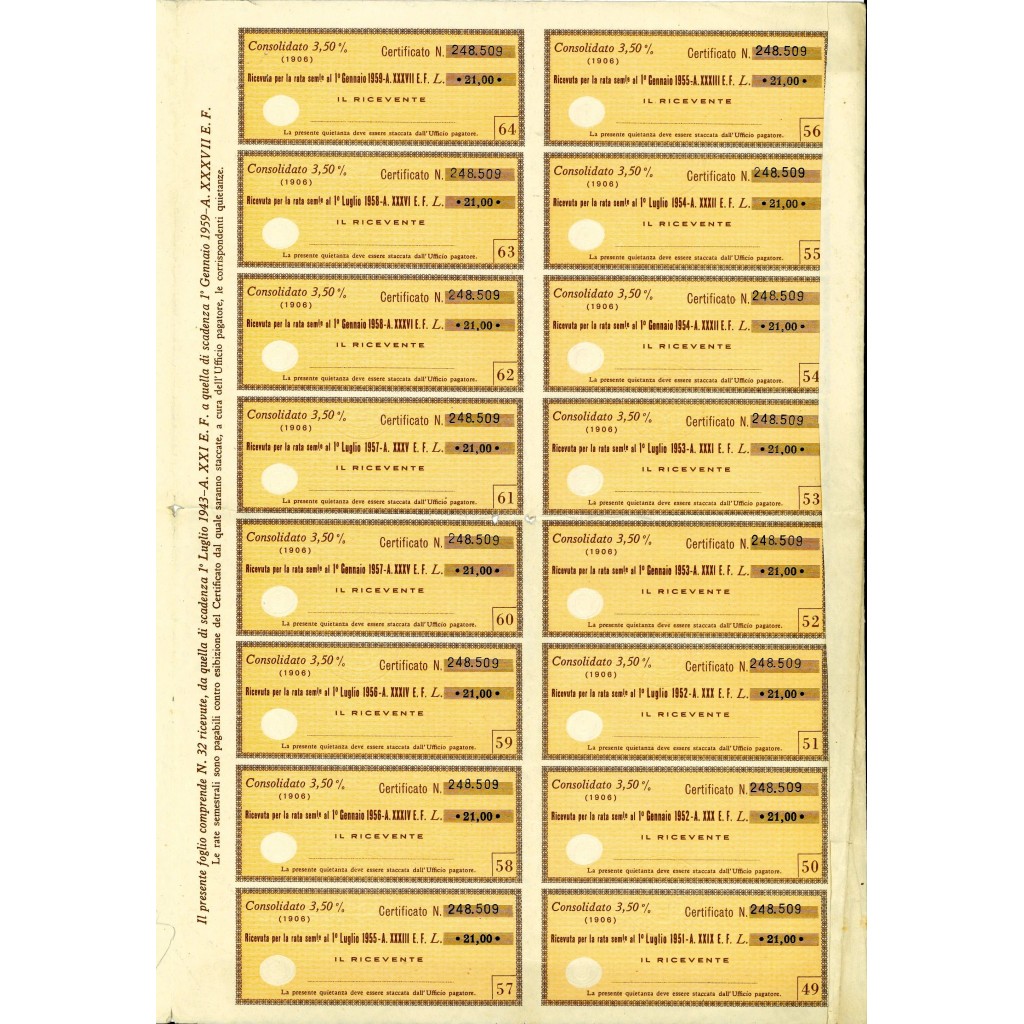 1943 -  CONSOLIDATO 3,5% DEBITO PUBBLICO REGNO...