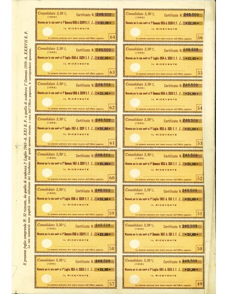 1943 -  CONSOLIDATO 3,5% DEBITO PUBBLICO REGNO D'ITALIA  - ROMA