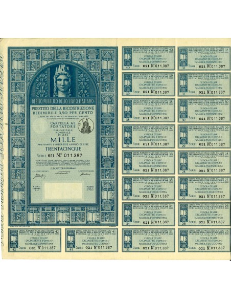 1947 - PRESTITO DELLA RICOSTRUZIONE REDIMIBILE 3,5% - CARTELLA 1.000 LIRE - ROMA (Italia turrita, blu)