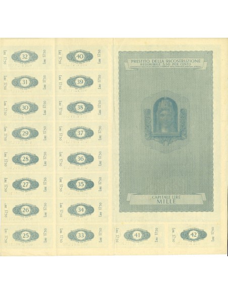 1947 - PRESTITO DELLA RICOSTRUZIONE REDIMIBILE 3,5% - CARTELLA 1.000 LIRE - ROMA (Italia turrita, blu)