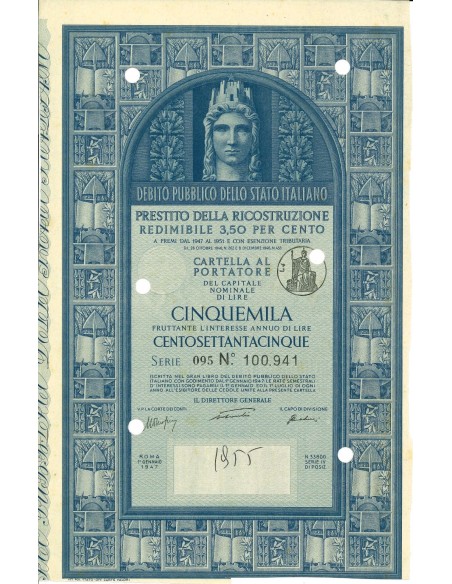 1947 - PRESTITO DELLA RICOSTRUZIONE REDIMIBILE 3,5% - CARTELLA 5.000 LIRE - ROMA (Italia turrita, blu)