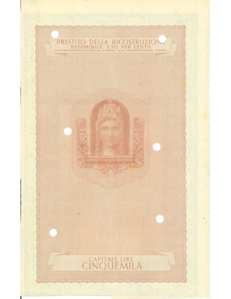 1947 - PRESTITO DELLA RICOSTRUZIONE REDIMIBILE 3,5% - CARTELLA 5.000 LIRE - ROMA (Italia turrita, blu)