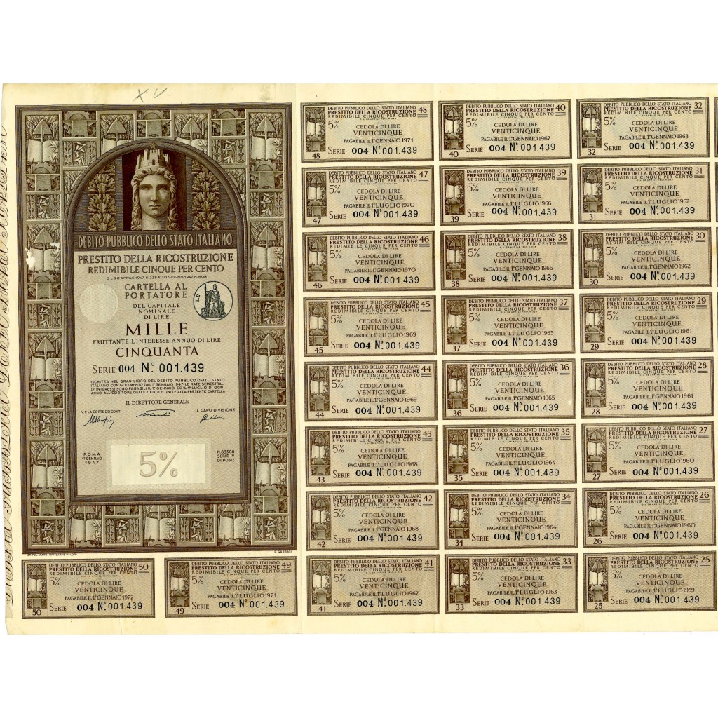 1947 - PRESTITO DELLA RICOSTRUZIONE REDIMIBILE 5% - CARTELLA 1.000 LIRE - ROMA  (Italia turrita, marrone)