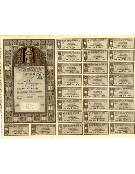 1947 - PRESTITO DELLA RICOSTRUZIONE REDIMIBILE 5% - CARTELLA 1.000 LIRE - ROMA  (Italia turrita, marrone)