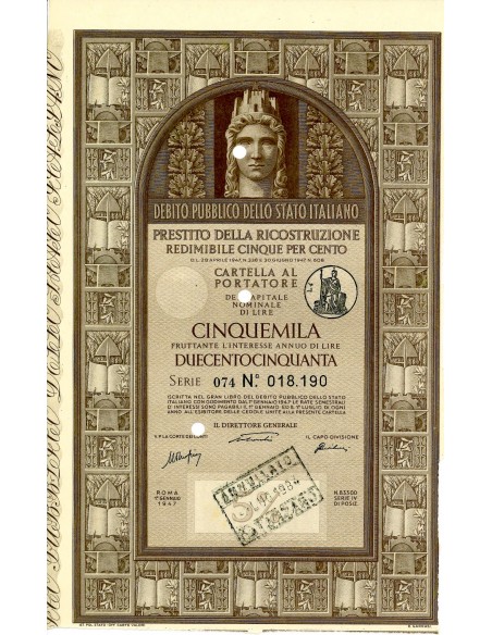 1947 - PRESTITO DELLA RICOSTRUZIONE REDIMIBILE 5% - CARTELLA 5.000 LIRE - ROMA  (Italia turrita, marrone)