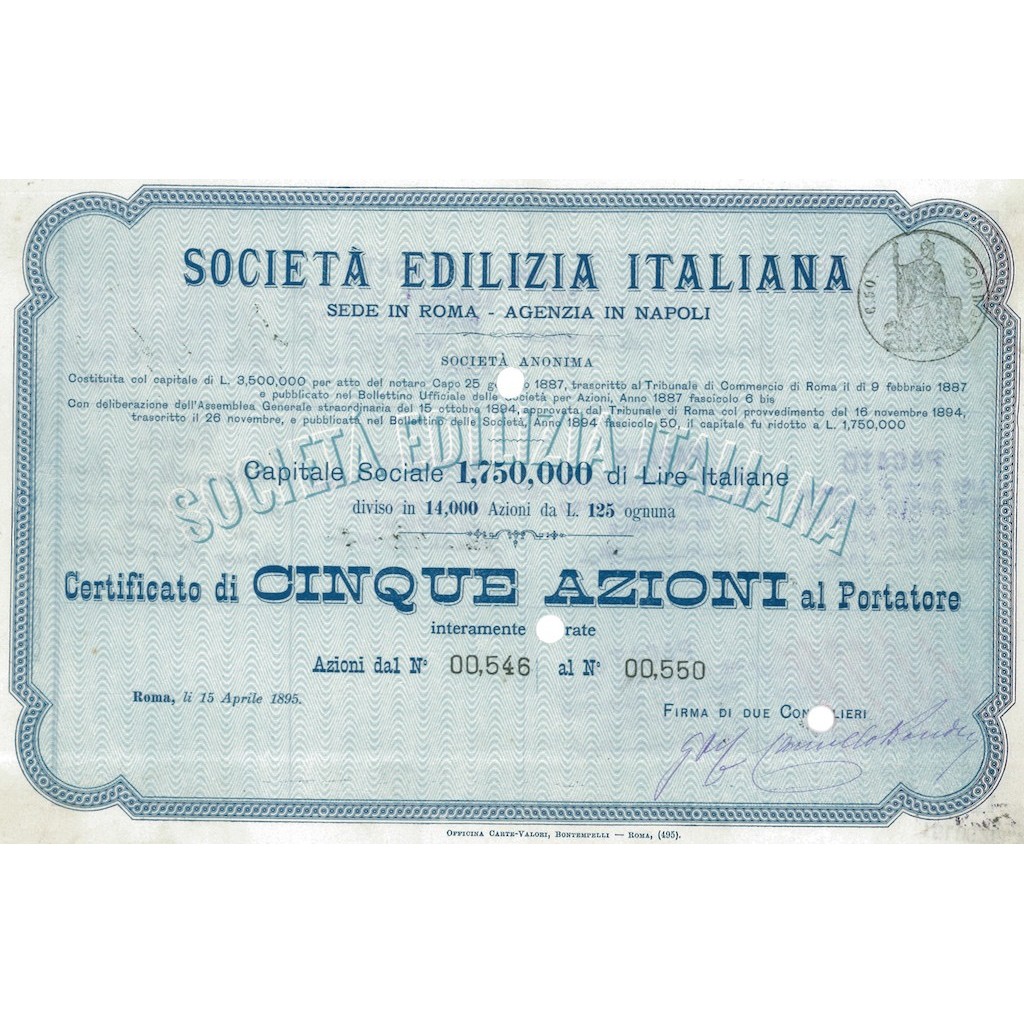 SOCIETA' EDILIZIA ITALIANA 5 AZIONI ROMA 1895
