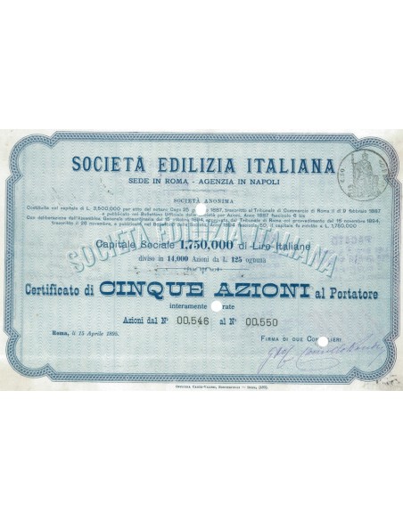 SOCIETA' EDILIZIA ITALIANA 5 AZIONI ROMA 1895
