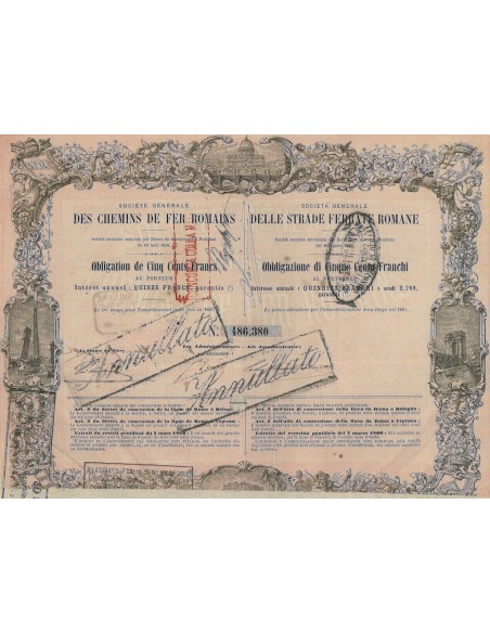 SOC. GENERALE DELLE STRADE FERRATE ROMANE OBBLIGAZIONE ROMA 1856