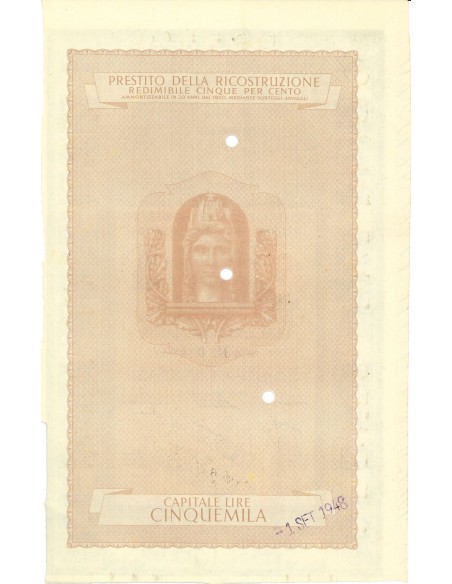 1947 - PRESTITO DELLA RICOSTRUZIONE REDIMIBILE 5% - CARTELLA 5.000 LIRE - ROMA  (Italia turrita, marrone)