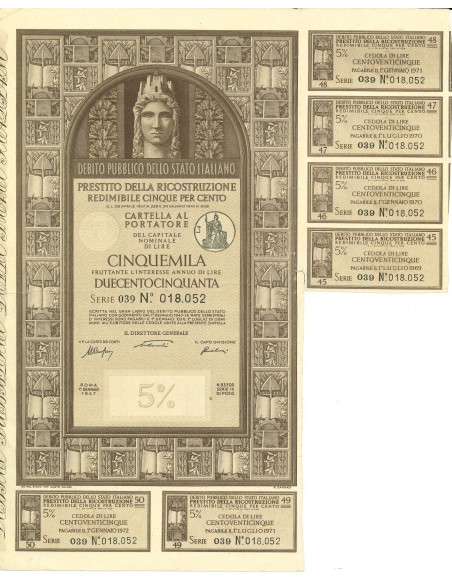 1947 - PRESTITO DELLA RICOSTRUZIONE REDIMIBILE 5% - CARTELLA 5.000 LIRE - ROMA  (Italia turrita, marrone)