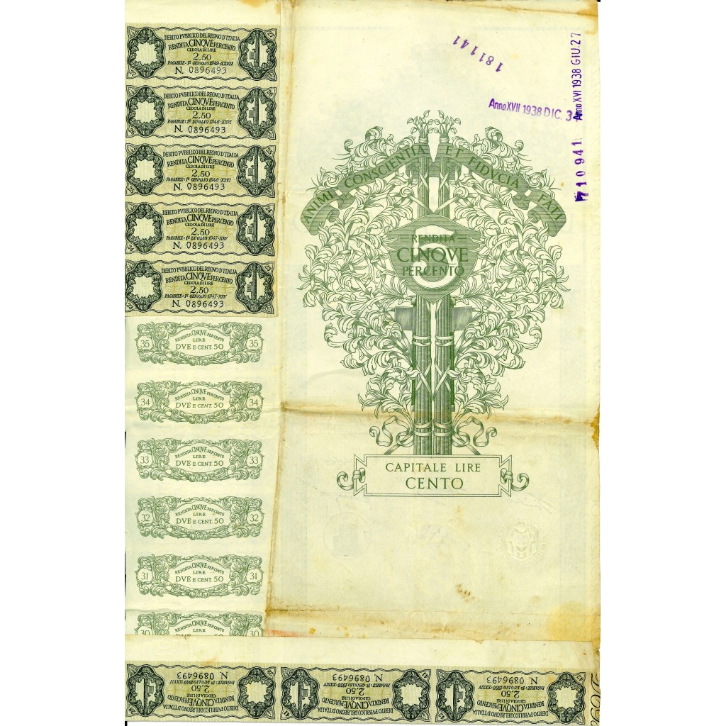 1935 - RENDITA 5% - CARTELLA 100 LIRE - ROMA...