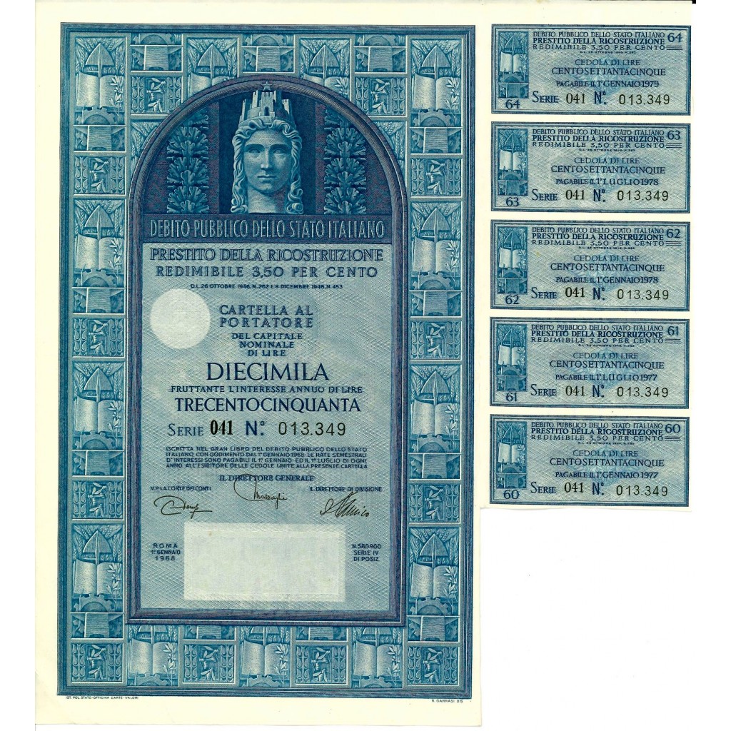 1968 - PRESTITO DELLA RICOSTRUZIONE REDIMIBILE 3,5% - CARTELLA 10.000 LIRE - ROMA  (Italia turrita, blu)