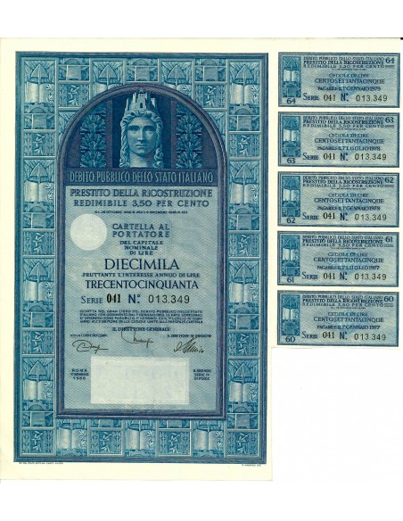 1968 - PRESTITO DELLA RICOSTRUZIONE REDIMIBILE 3,5% - CARTELLA 10.000 LIRE - ROMA  (Italia turrita, blu)