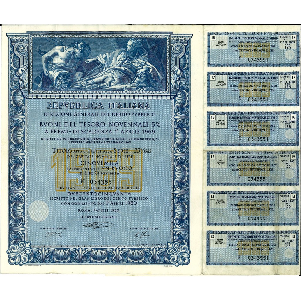 1960 - REPUBBLICA ITALIANA BUONI DEL TESORO NOVENNALI 5% - 5.000 LIRE - ROMA (Nettuno offre doni a Venezia, blu)