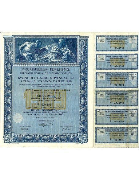 1960 - REPUBBLICA ITALIANA BUONI DEL TESORO NOVENNALI 5% - 5.000 LIRE - ROMA (Nettuno offre doni a Venezia, blu)