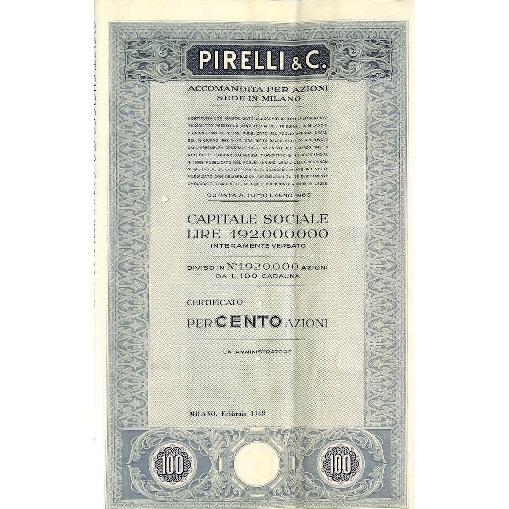 PIRELLI E C. - 100 AZIONI - MILANO 1948