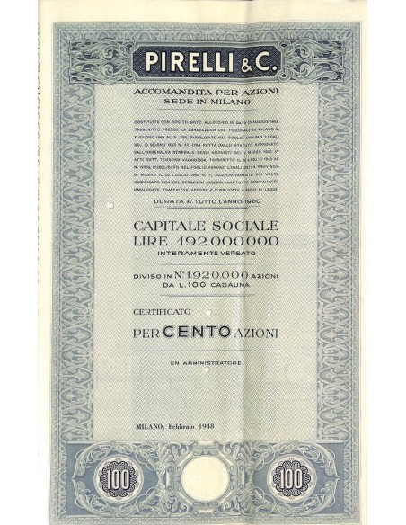 PIRELLI E C. - 100 AZIONI - MILANO 1948
