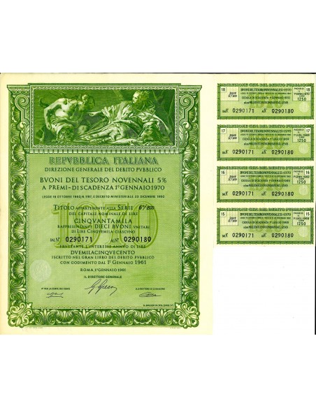 1961 - REPUBBLICA ITALIANA BUONI DEL TESORO NOVENNALI 5% - 50.000 LIRE - ROMA  (Nettuno offre doni a Venezia, verde)