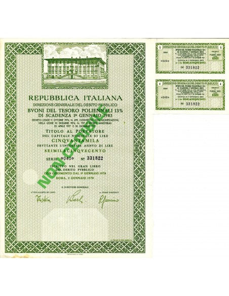 1978 - REPUBBLICA ITALIANA BUONI DEL TESORO POLIENNALE 13% CAPITALE 50.000  - ROMA