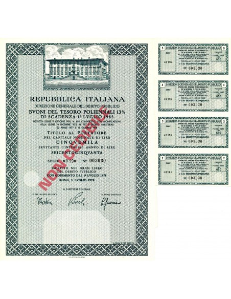 1978 - REPUBBLICA ITALIANA BUONI DEL TESORO POLIENNALE 13% CAPITALE 5.000  - ROMA