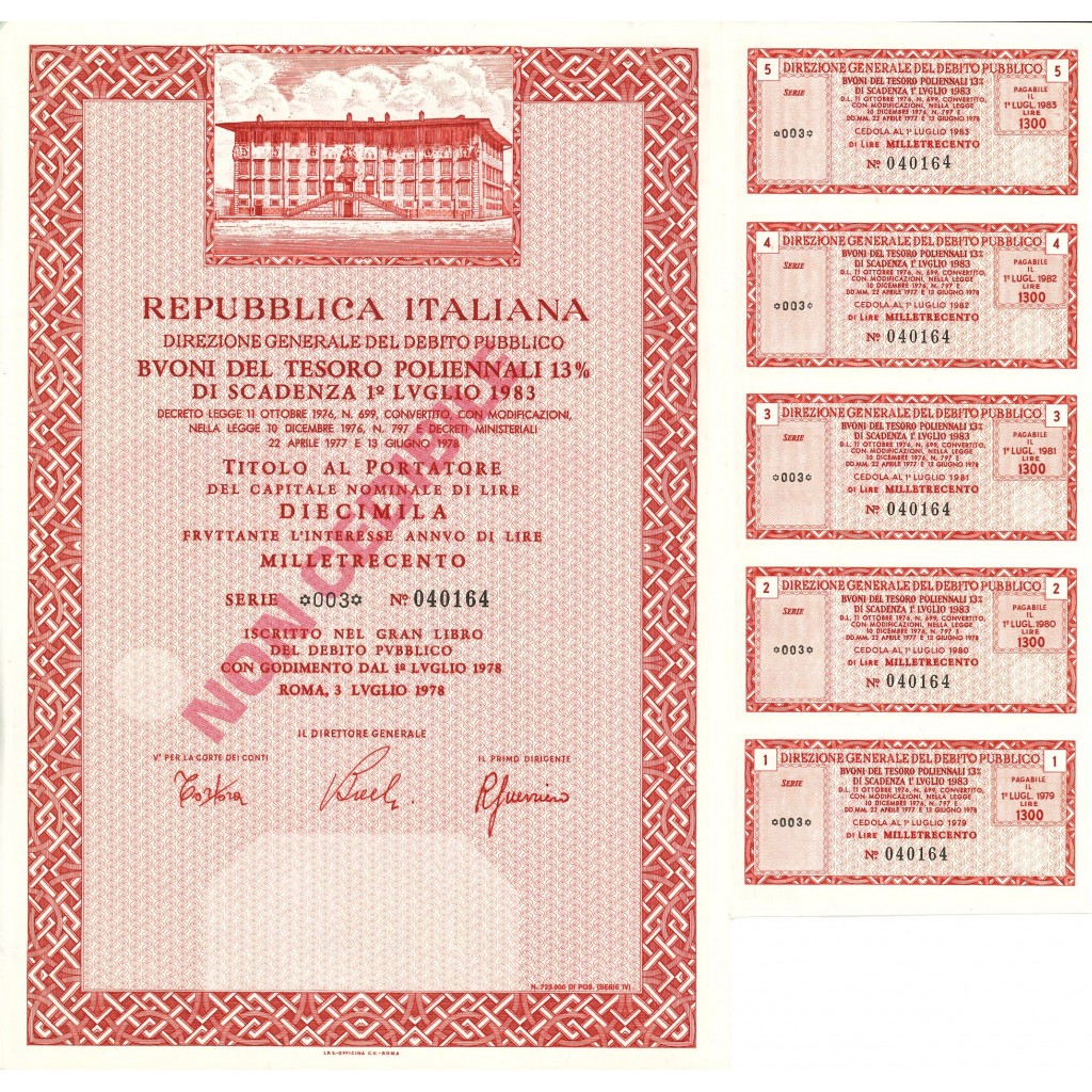 1978 - REPUBBLICA ITALIANA BUONI DEL TESORO POLIENNALE 13% CAPITALE 10.000 - ROMA