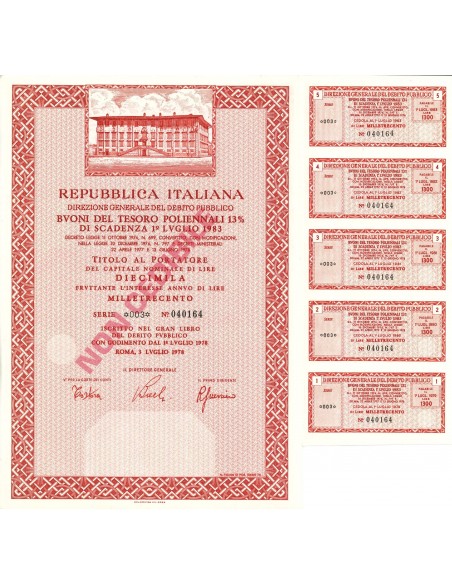 1978 - REPUBBLICA ITALIANA BUONI DEL TESORO POLIENNALE 13% CAPITALE 10.000 - ROMA