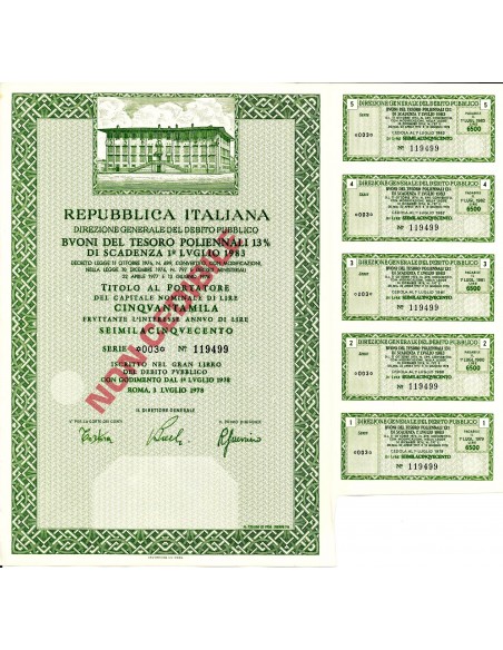 1978 - REPUBBLICA ITALIANA BUONI DEL TESORO POLIENNALE 13% CAPITALE 50.000 - ROMA