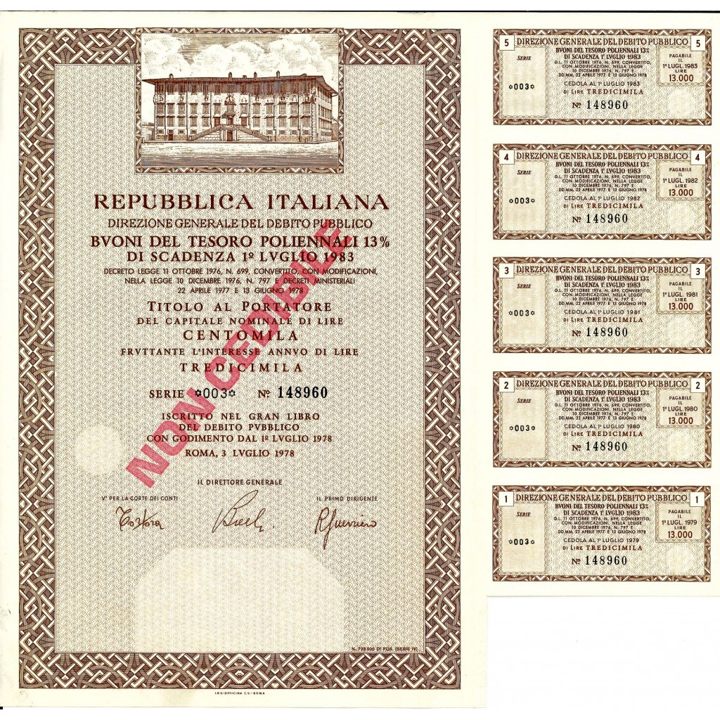 1978 - REPUBBLICA ITALIANA BUONI DEL TESORO...