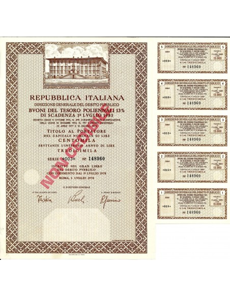 1978 - REPUBBLICA ITALIANA BUONI DEL TESORO POLIENNALE 13% CAPITALE 100.000  - ROMA