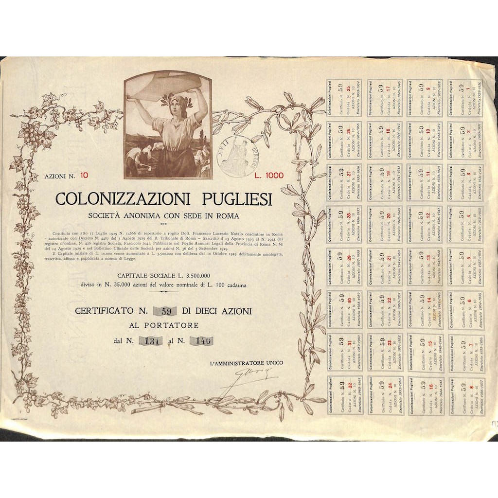 COLONIZZAZIONI PUGLIESI - 10 AZIONI ROMA 1929