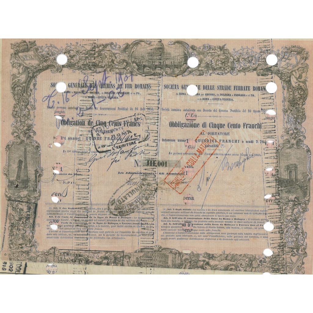 STRADE FERRATE ROMANE (ROMA, BOLOGNA, ANCONA E BOLOGNA, FERRARA, PO) ROMA OBBLIGAZIONE 1856