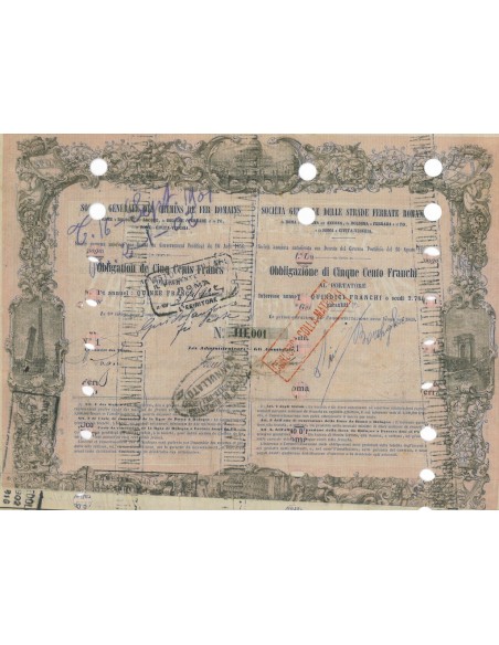 STRADE FERRATE ROMANE (ROMA, BOLOGNA, ANCONA E BOLOGNA, FERRARA, PO) ROMA OBBLIGAZIONE 1856