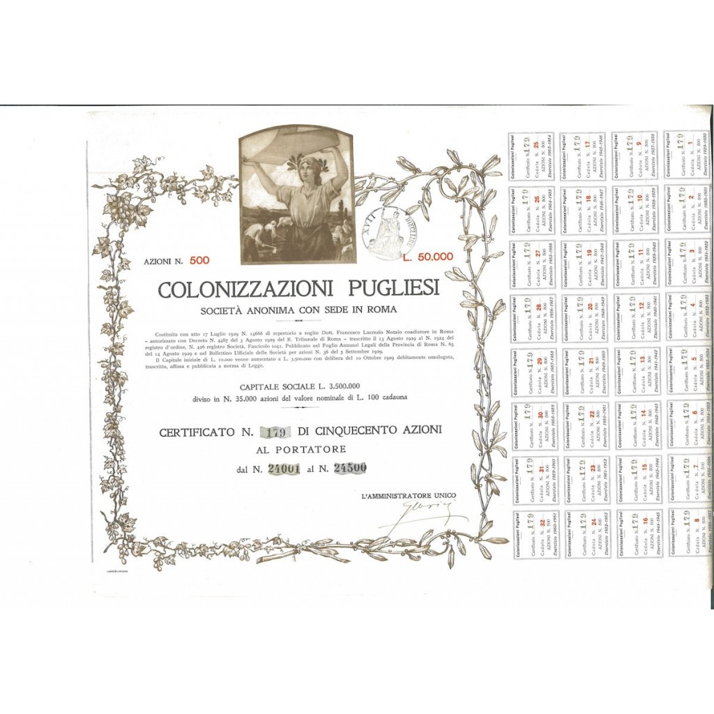COLONIZZAZIONI PUGLIESI - 500 AZIONI ROMA 1929