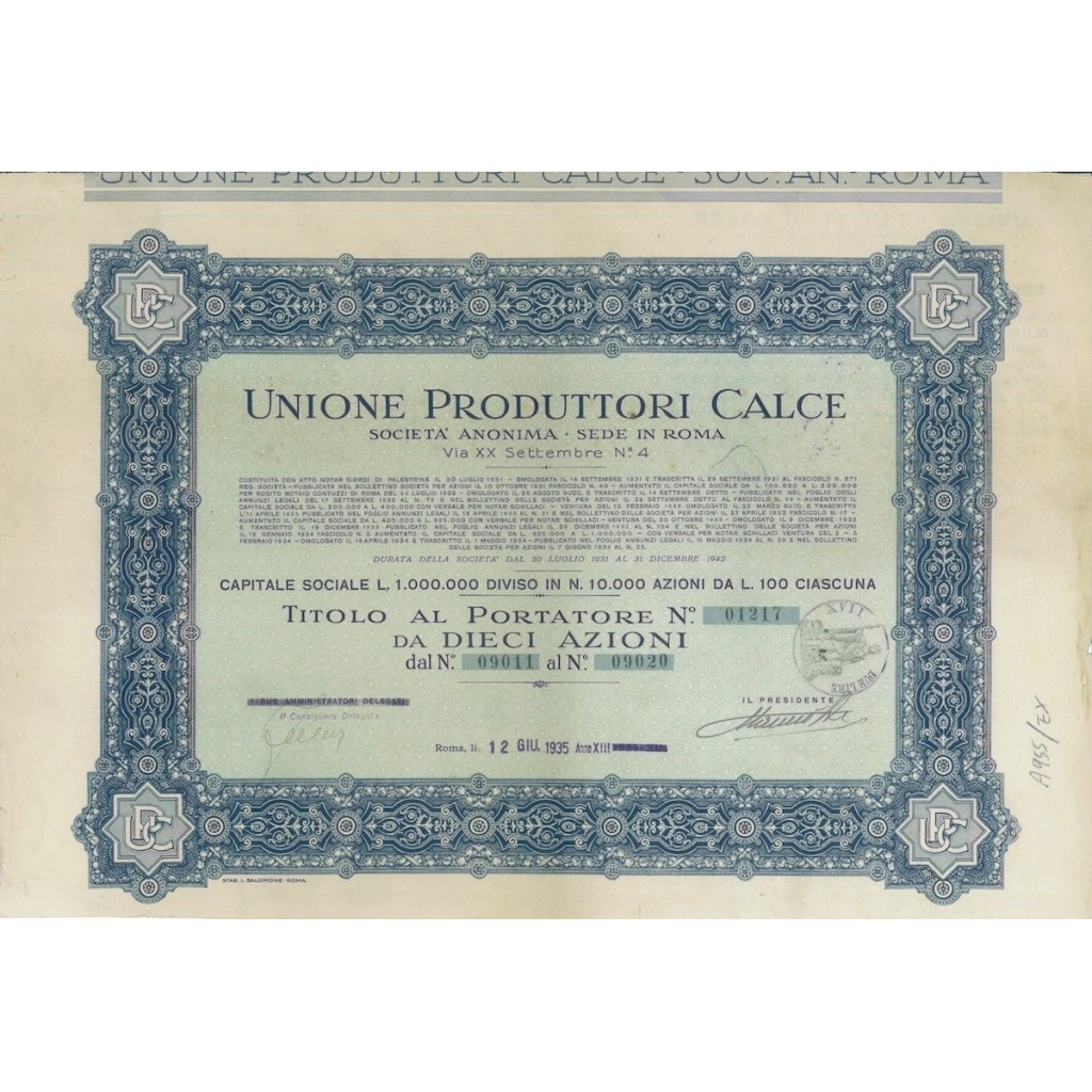 UNIONE PRODUTTORI CALCE - 10 AZIONI - ROMA 1935