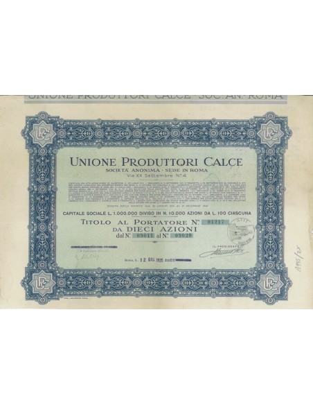 UNIONE PRODUTTORI CALCE - 10 AZIONI - ROMA 1935