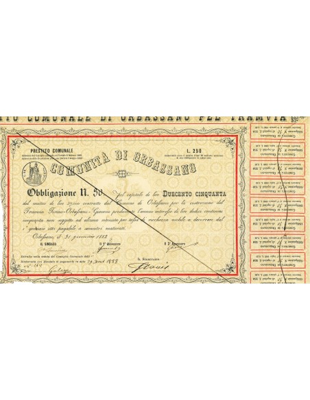 1882 - COMUNE DI ORBASSANO - 1 OBBLIGAZIONE LIRE DUECENTOCINQUANTA - ORBASSANO