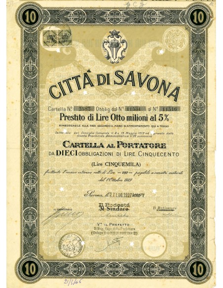 1927 - CITTA' DI SAVONA - 10 OBBLIGAZIONI