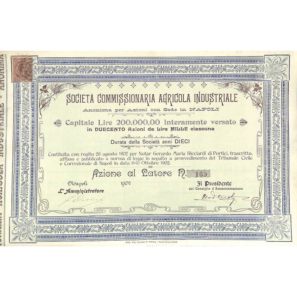 SOC. COMMISSIONARIA AGRICOLA IND. - UNA AZIONE NAPOLI 1902