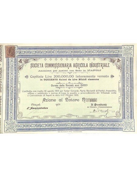 SOC. COMMISSIONARIA AGRICOLA IND. - UNA AZIONE NAPOLI 1902