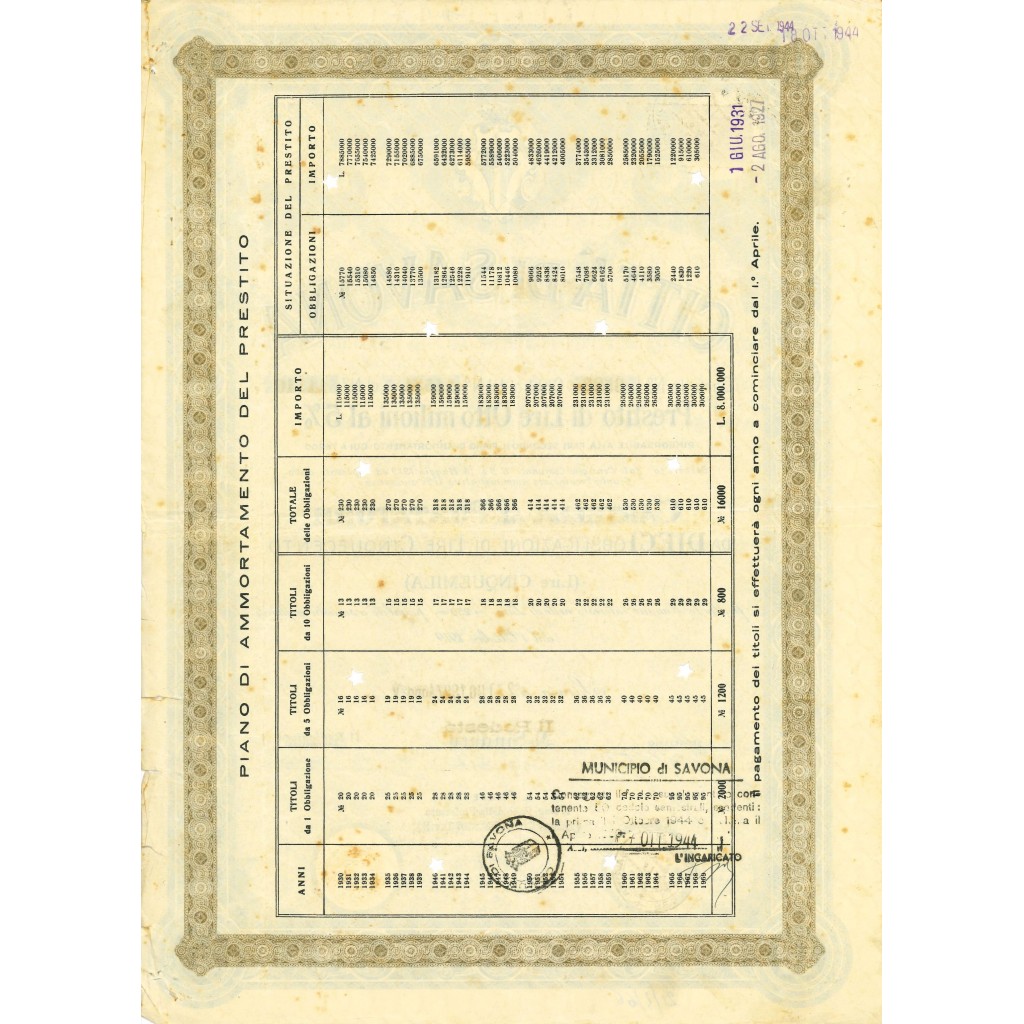 1927 - CITTA' DI SAVONA - 10 OBBLIGAZIONI
