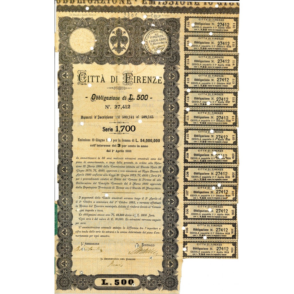 1880 - CITTA' DI FIRENZE OBBLIGAZIONE DI L. 500 3%