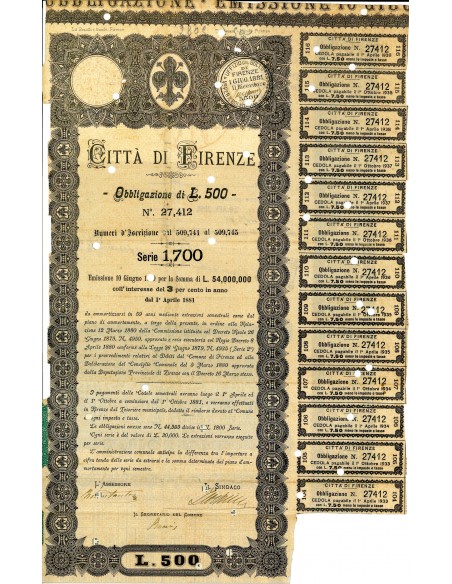 1880 - CITTA' DI FIRENZE OBBLIGAZIONE DI L. 500 3%