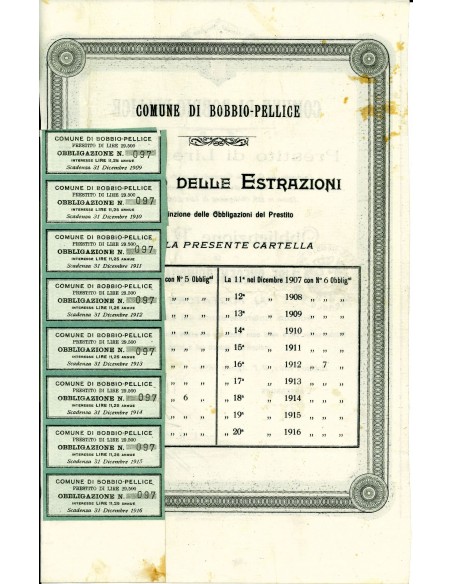 1896 - COMUNE DI BOBBIO PELLICE - 1 OBBLIGAZIONE DA LIRE 250 4,50%