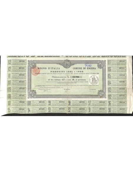 REGNO D'ITALIA COMUNE DI ANCONA - UNA OBBLIGAZIONE 1900