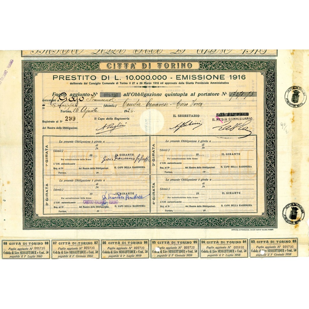 1916 - CITTA' DI TORINO - PRESTITO DI LIRE...