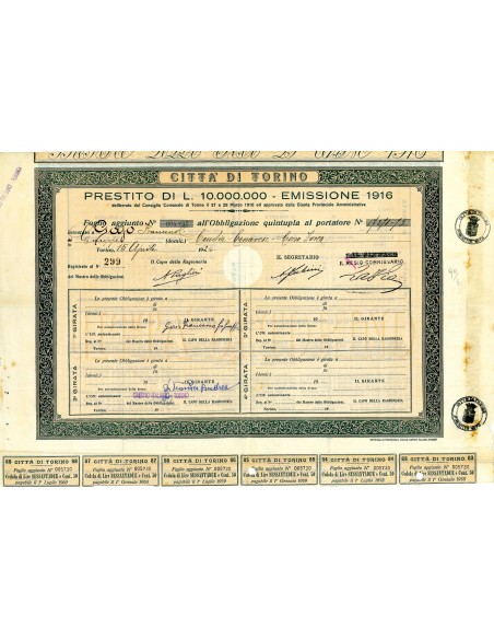 1916 - CITTA' DI TORINO - PRESTITO DI LIRE 10.000.000 - TORINO