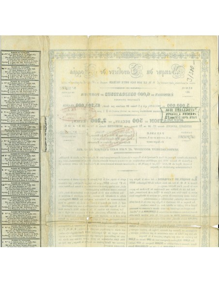 1835 - BANQUE DU TAVOLIERE DE FOGGIA OBBLIGAZIONE DA 500 DUCATI 3,5%